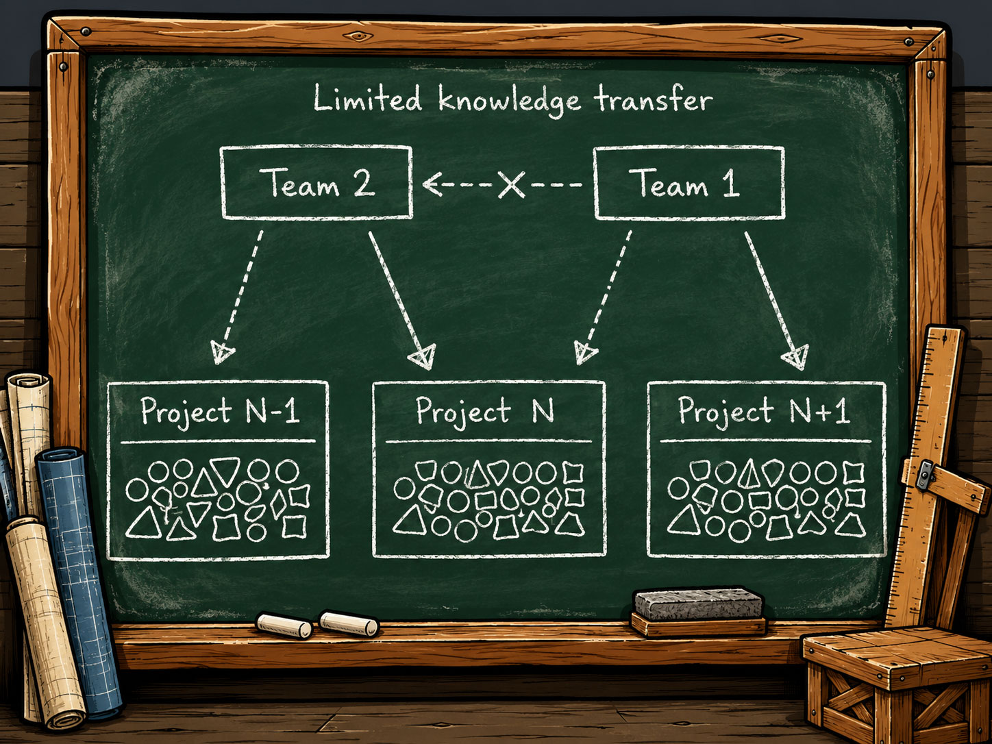 Agency model diagram: the strongest team moves to each new project while existing projects rotate to second-tier teams
